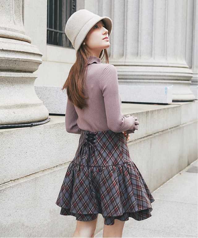 アーガイルチェック柄バックレースアップ2段ギャザーミニスカート
