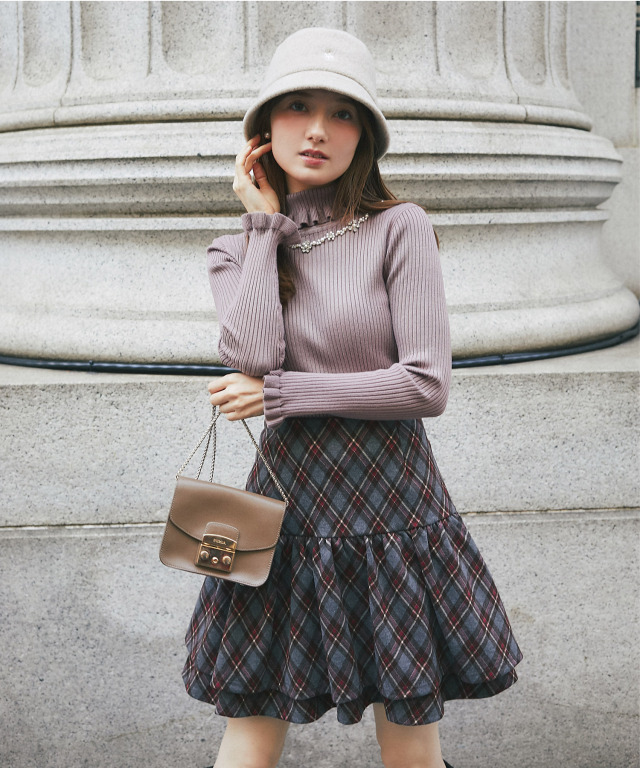 アーガイルチェック柄バックレースアップ2段ギャザーミニスカート