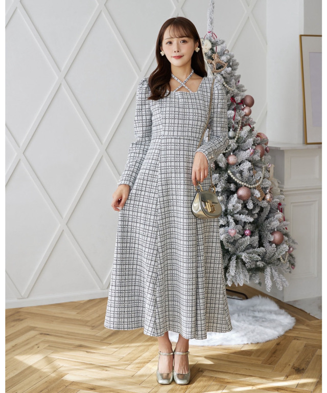 クロスリボン付きパール装飾ラメツイードワンピース