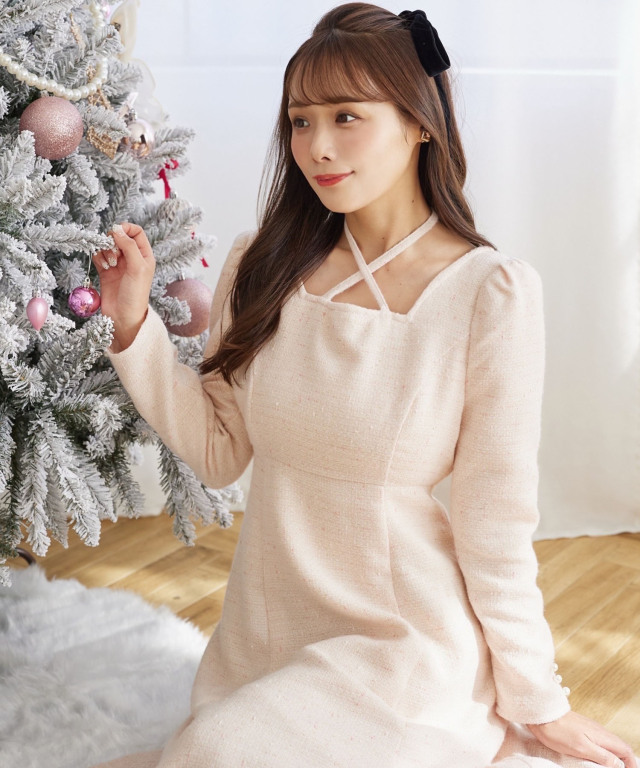 クロスリボン付きパール装飾ラメツイードワンピース