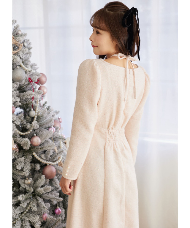 クロスリボン付きパール装飾ラメツイードワンピース