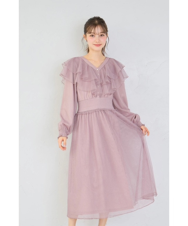 ラッフルフリル付きパール装飾ラメチュールワンピース