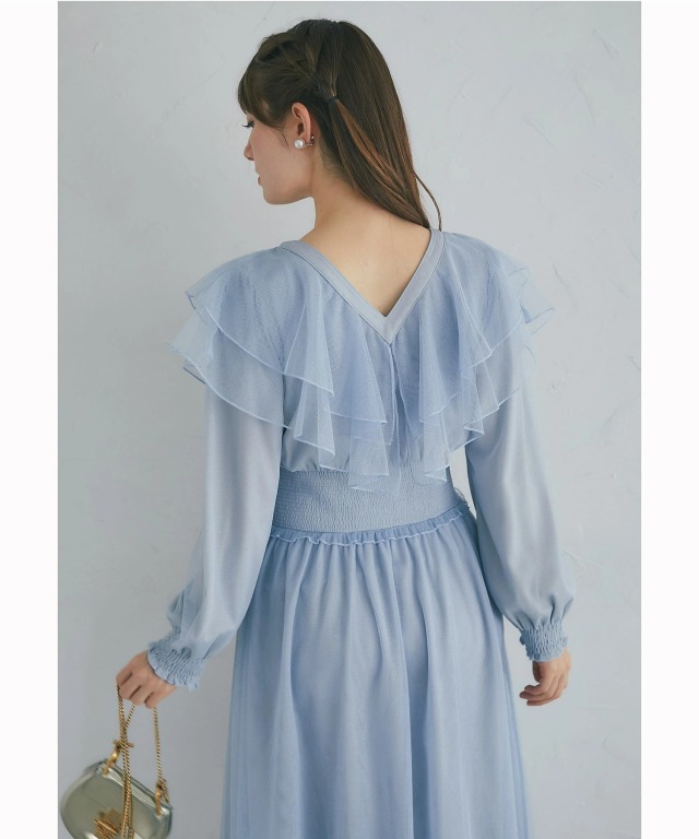 ラッフルフリル付きパール装飾ラメチュールワンピース