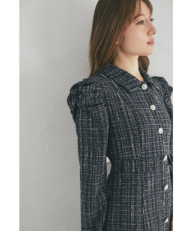 パール釦パワーショルダーツイードシャツワンピース