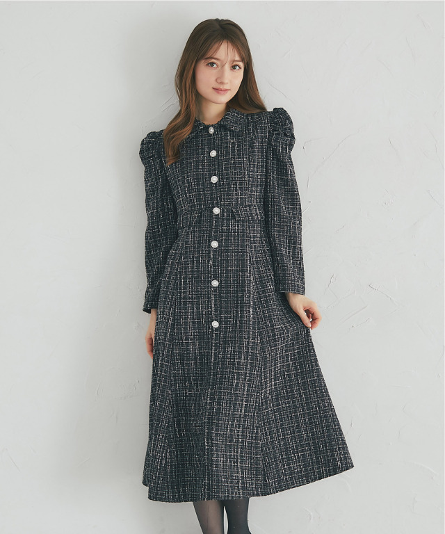 意思の力 ハート飾り釦付き配色ライン入りツイードワンピース