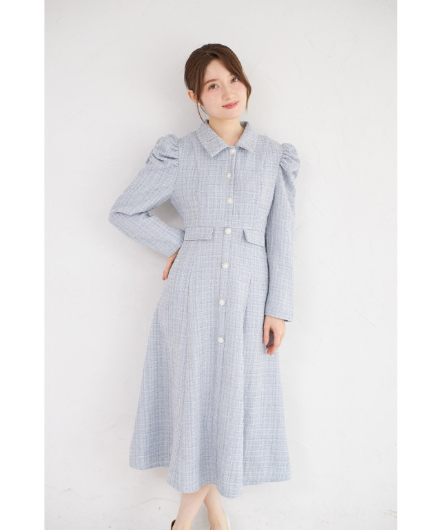 パール釦パワーショルダーツイードシャツワンピース