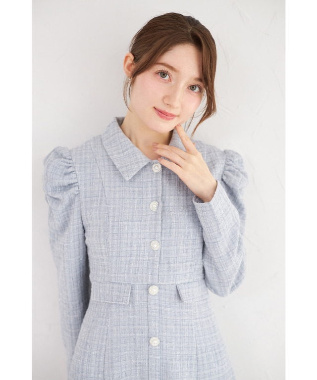 パール釦パワーショルダーツイードシャツワンピース