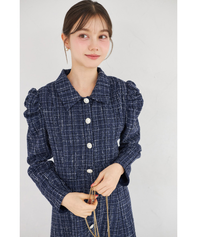 パール釦パワーショルダーツイードシャツワンピース