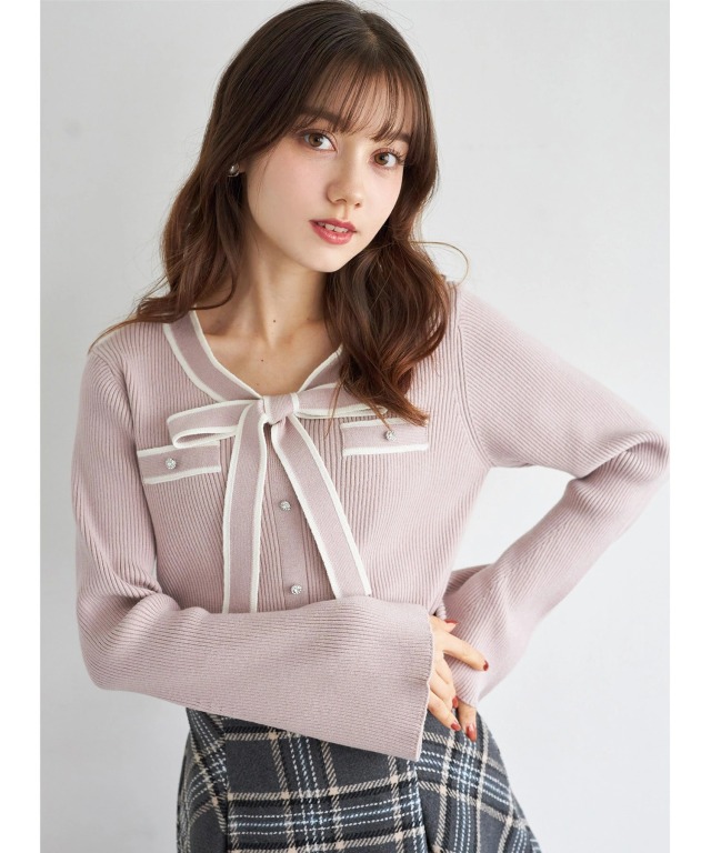 ビジュー飾り釦付きボウタイリボン配色ニットプルオーバー