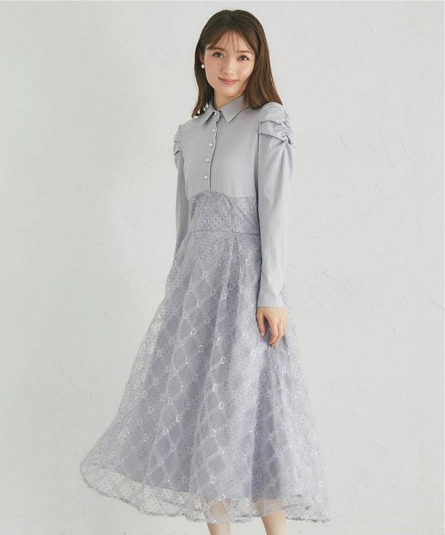 スパンコールフリルドットチュールドッキングシャツワンピース