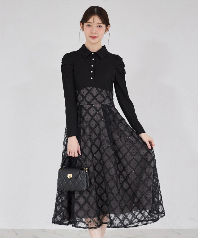 スパンコールフリルドットチュールドッキングシャツワンピース