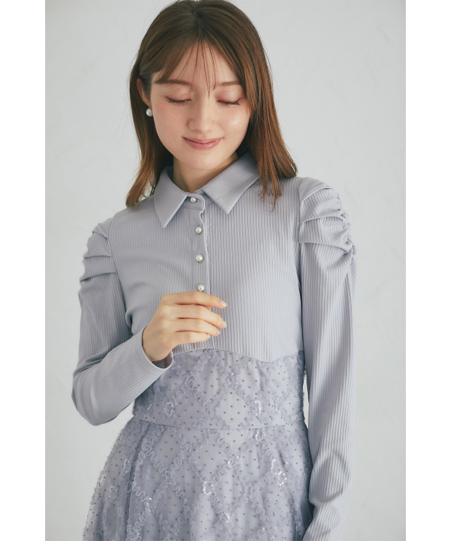 スパンコールフリルドットチュールドッキングシャツワンピース