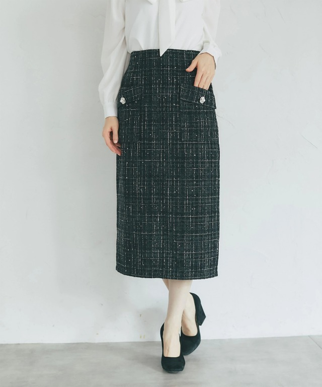 フラワービジュー釦ポケット付きスパンコールツイードタイトスカート