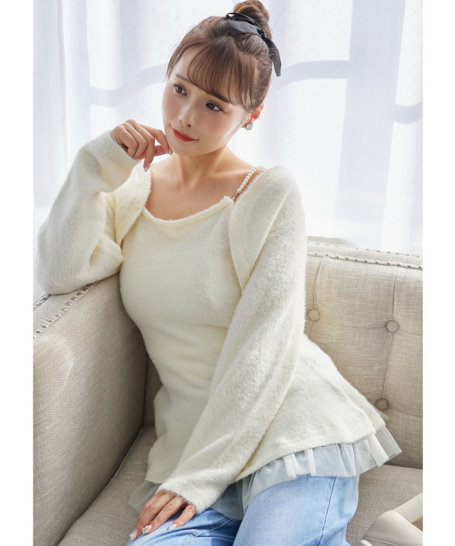 ボレロ×パールストラップワンピースのラメシャギーニットアンサンブル