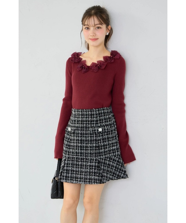 インナーパンツ付きパール飾り釦ラメループツイードミニスカート