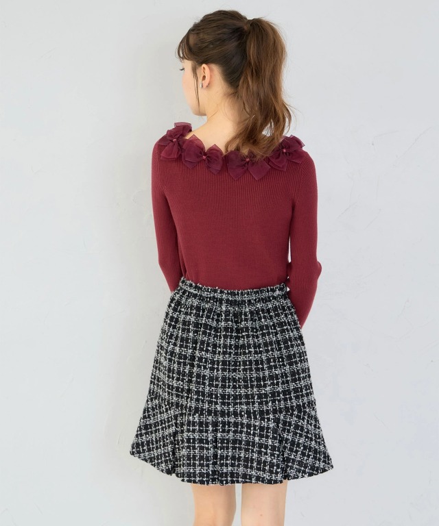 インナーパンツ付きパール飾り釦ラメループツイードミニスカート