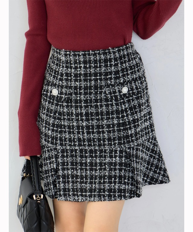インナーパンツ付きパール飾り釦ラメループツイードミニスカート