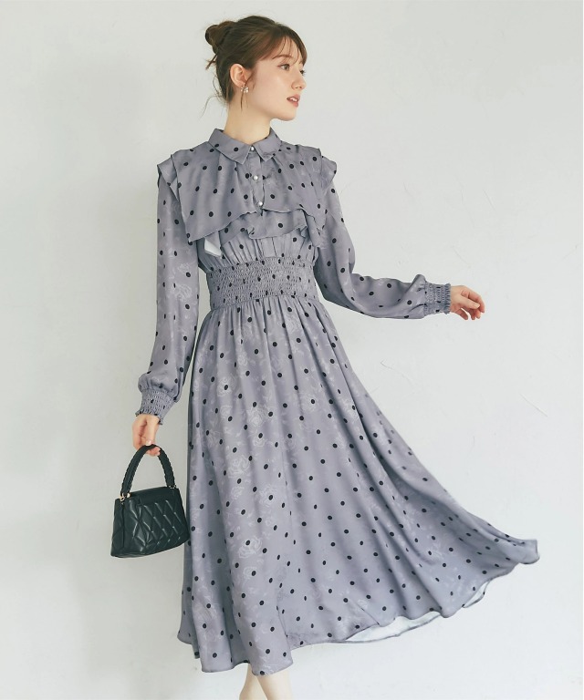 フラワージャガード×ドットヨークフリルシャーリングシャツワンピース