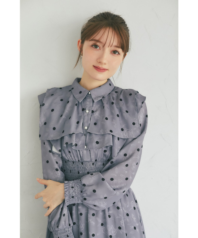 フラワージャガード×ドットヨークフリルシャーリングシャツワンピース