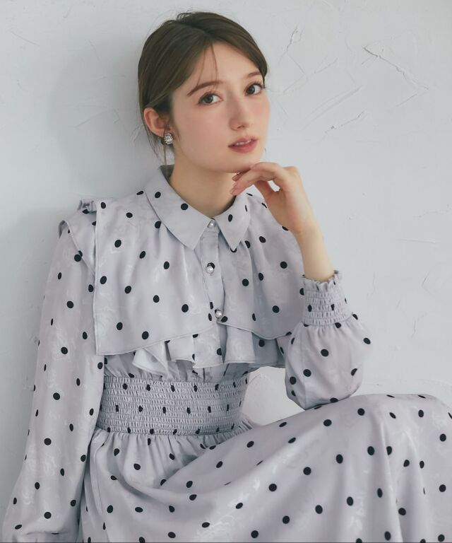フラワージャガード×ドットヨークフリルシャーリングシャツワンピース
