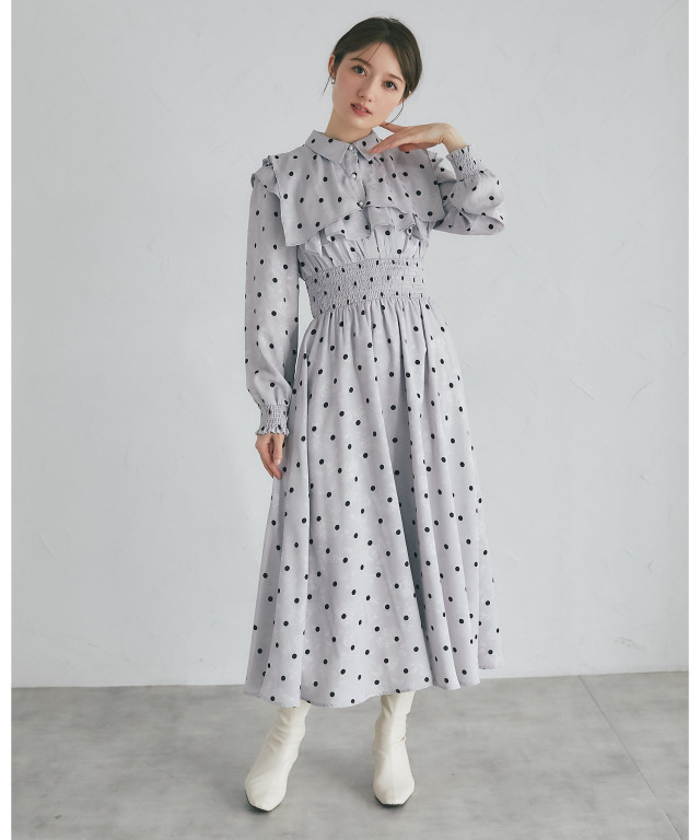 フラワージャガード×ドットヨークフリルシャーリングシャツワンピース