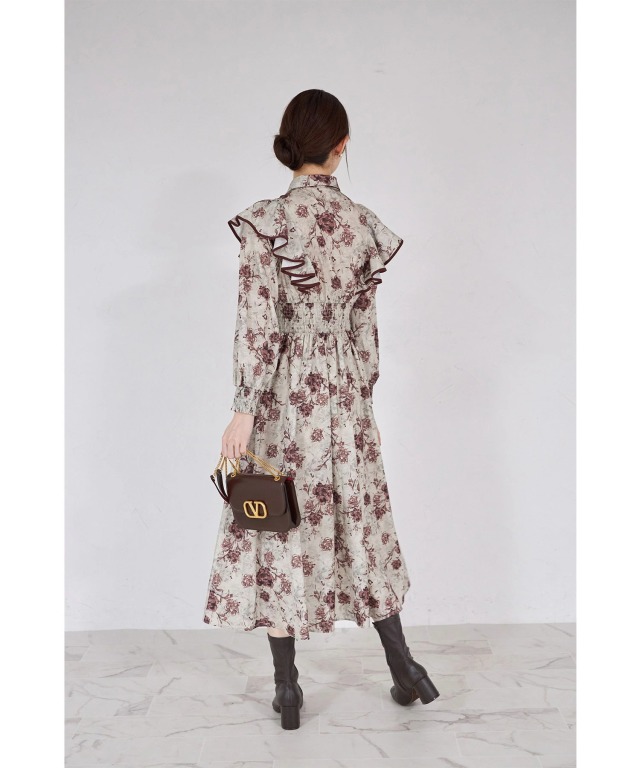 リボン付きアンティークフラワープリントピンタックフリルシャーリング