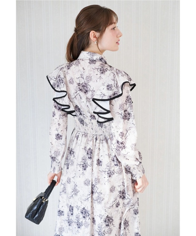 リボン付きアンティークフラワープリントピンタックフリルシャーリング