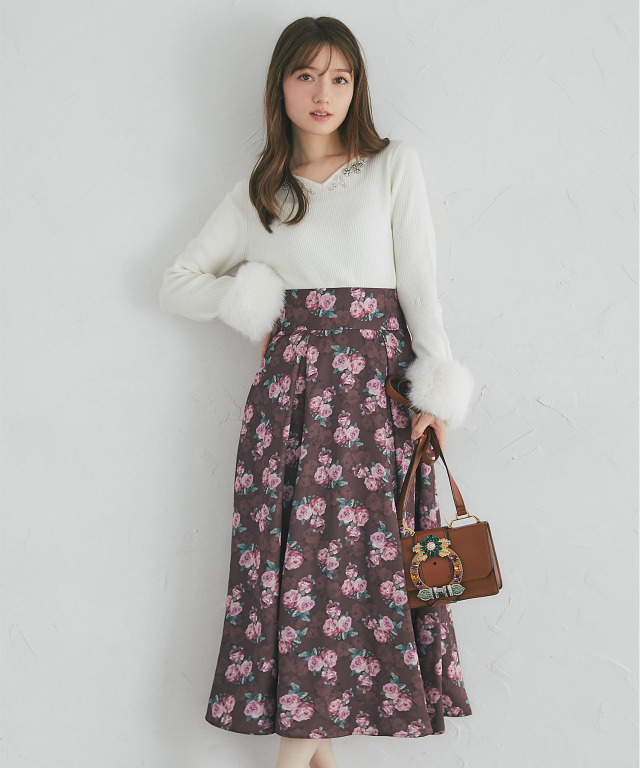 バックレースアップヴィンテージサテンローズフレアスカート