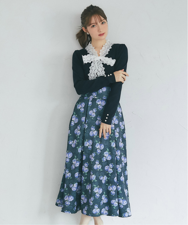 バックレースアップヴィンテージサテンローズフレアスカート