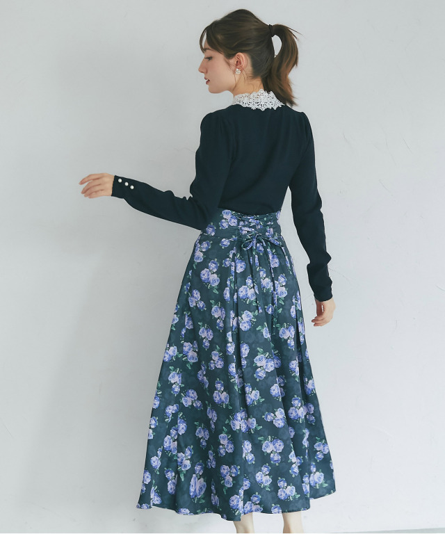 バックレースアップヴィンテージサテンローズフレアスカート