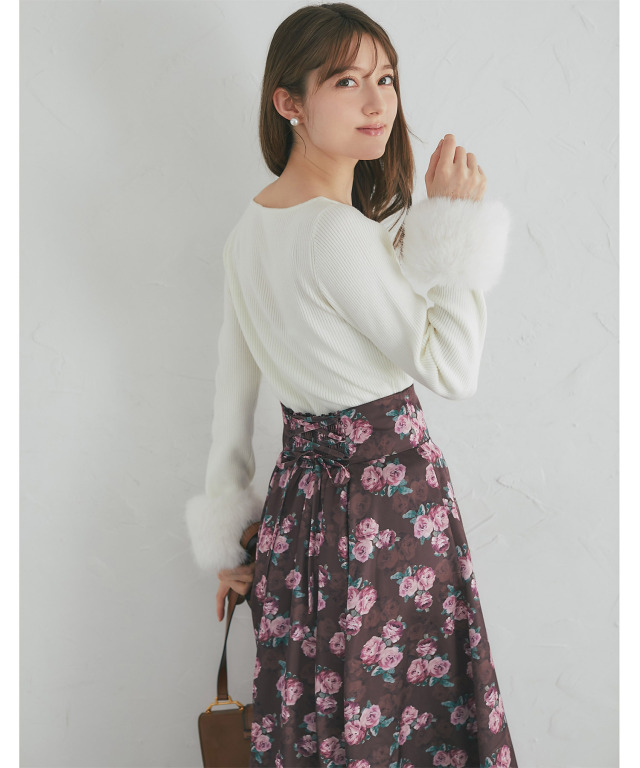 バックレースアップヴィンテージサテンローズフレアスカート