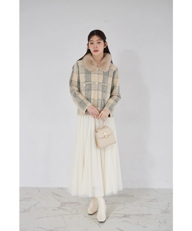ファー付きチェック柄シャギーニットジャケット