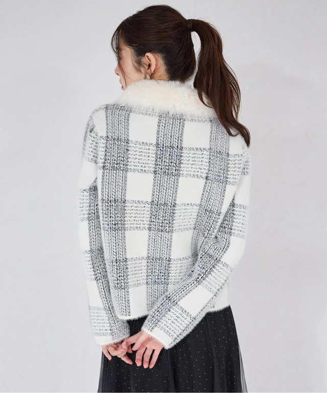 ファー付きチェック柄シャギーニットジャケット