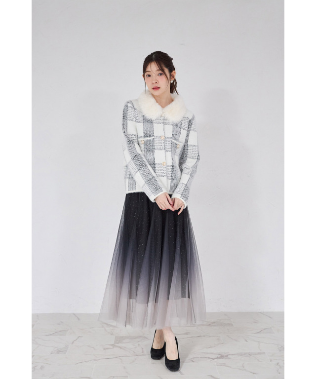 ファー付きチェック柄シャギーニットジャケット