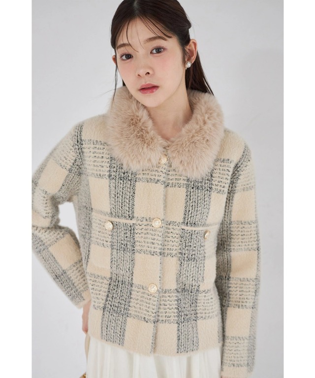 ファー付きチェック柄シャギーニットジャケット