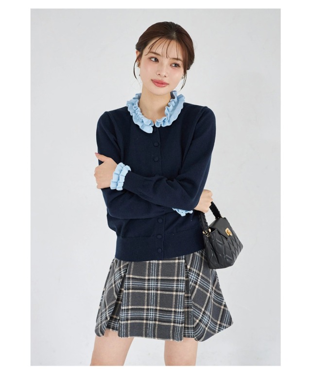 プチフリル付きバイカラーニットカーディガン