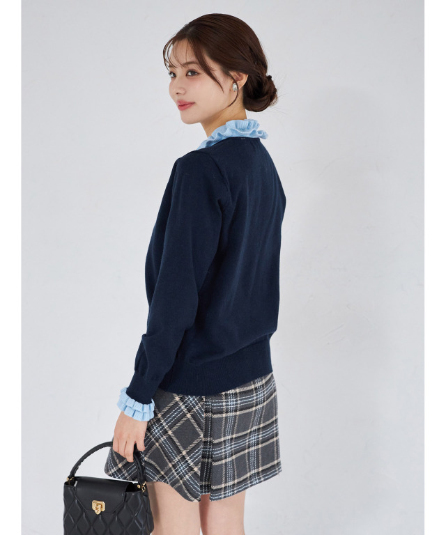 プチフリル付きバイカラーニットカーディガン