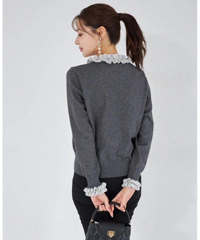 プチフリル付きバイカラーニットカーディガン