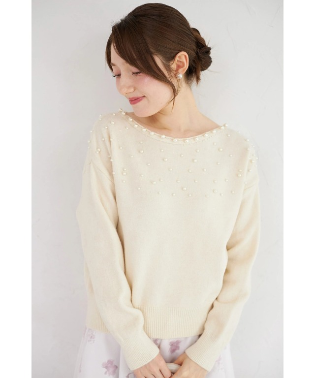 パール装飾ラメシャギーニットプルオーバー