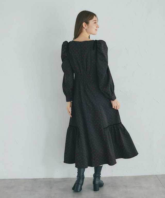 ももいろドア　Bドットワンピ 肩リボン付きフロッキーハートドットワンピース