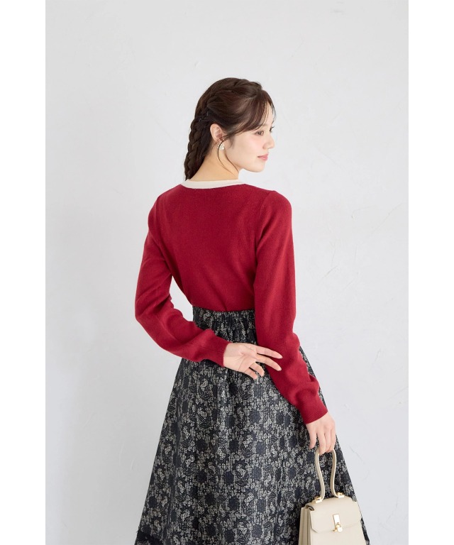 シアーボウタイリボン付きカーディガン風バイカラーニットプルオーバー