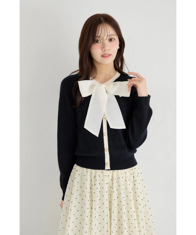 シアーボウタイリボン付きカーディガン風バイカラーニットプルオーバー