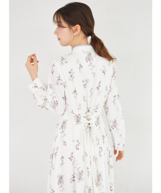 配色ライン入りボウタイリボン付きフラワープリントワンピース