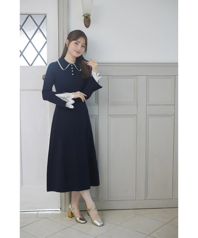 レース付きポロニットロングワンピース