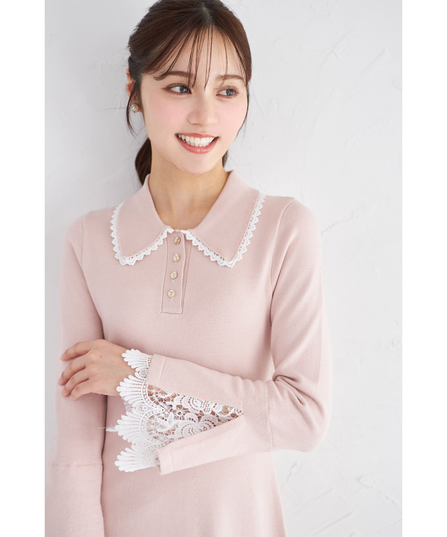 レース付きポロニットロングワンピース