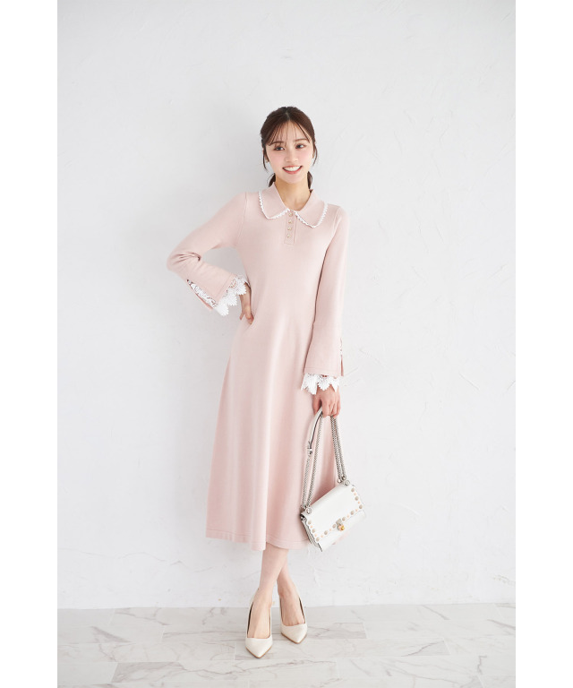 レース付きポロニットロングワンピース