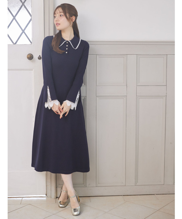レース付きポロニットロングワンピース