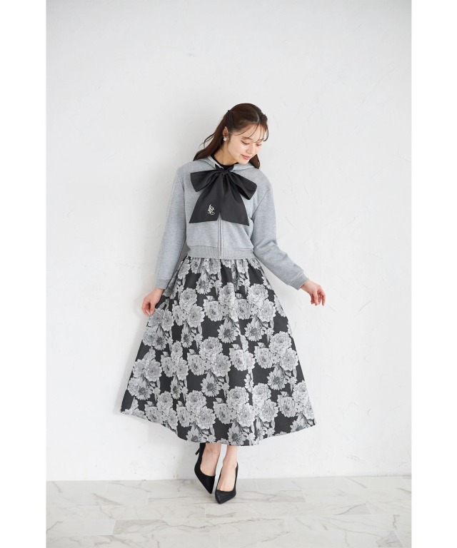 正規品♡リボンプルオーバー＆リボン柄ロングパンツ♡ダークグレー ワンポイント刺繍入りリボン付きラメ裏毛パーカー