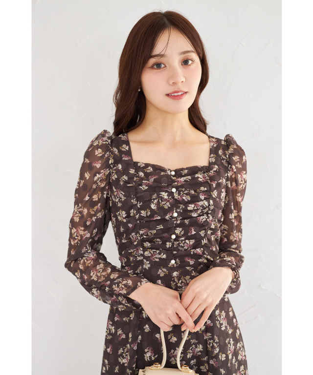 ウエストリボン付きパール装飾シアードットジャガード×フラワー