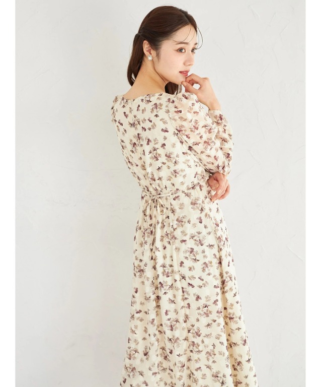 ウエストリボン付きパール装飾シアードットジャガード×フラワー